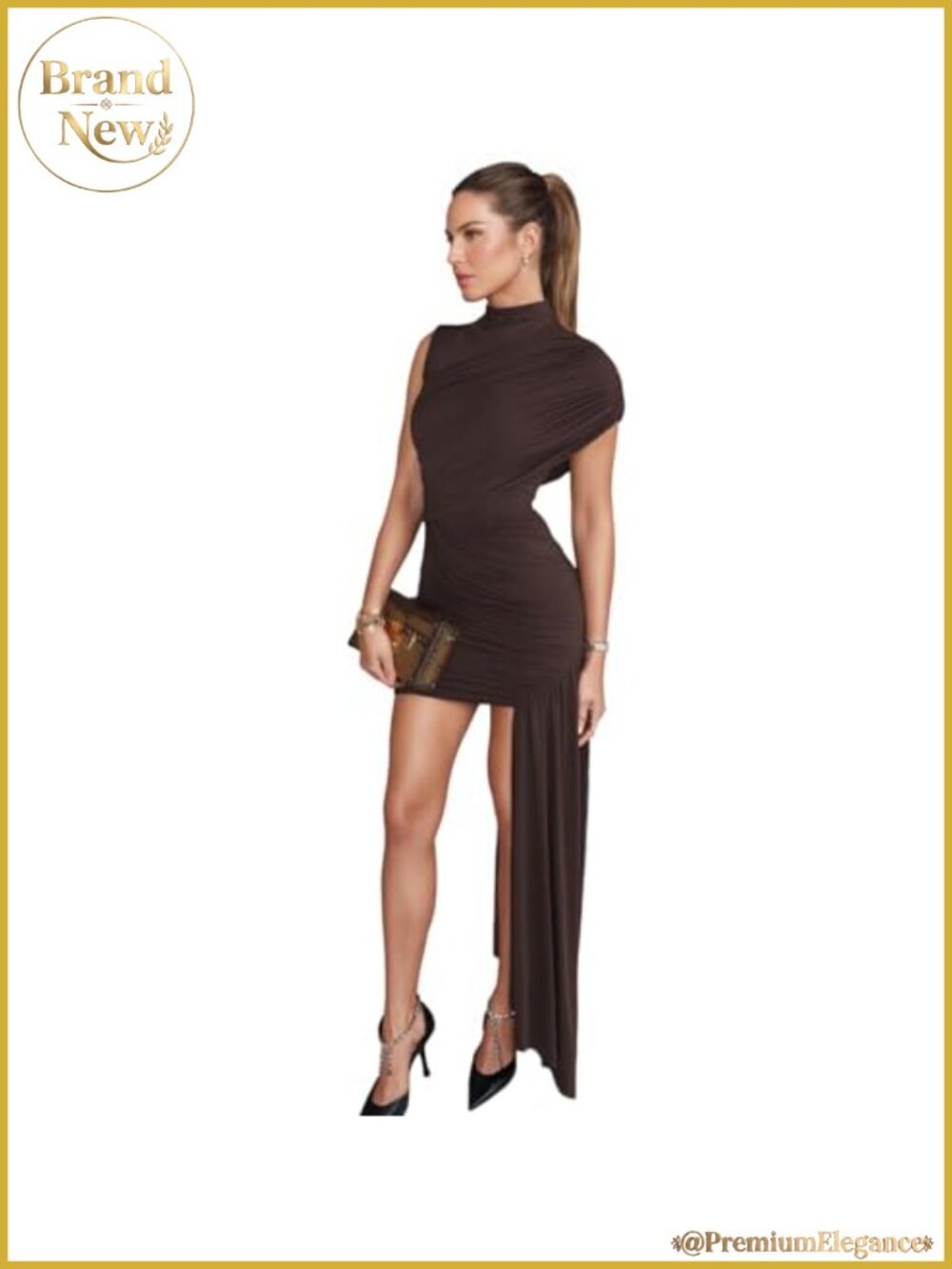 Elegant Ruched Mini Dress Asymmetric Sleeve Mock Neck Bodycon